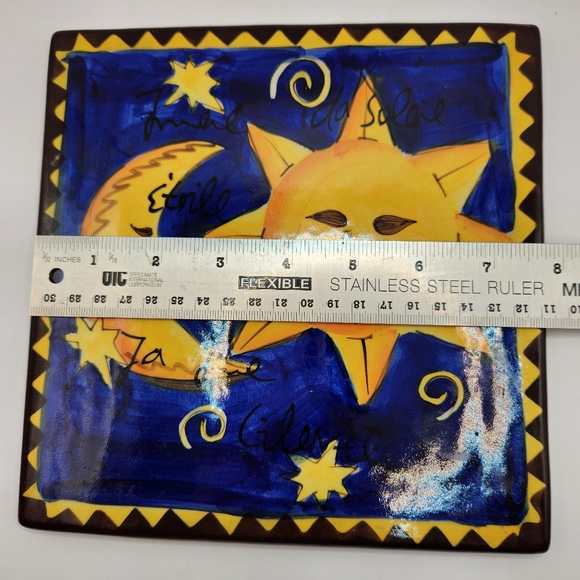 Hausen Ware Painted Celestial Sun Moon Stars Glazed Ceramic Trivet/Wall Decor - Picture 5 of 8